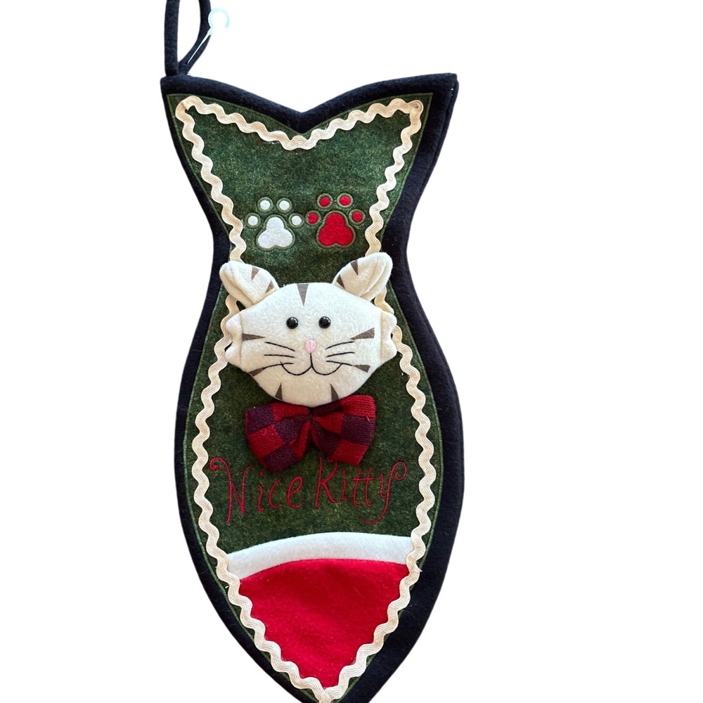 Green Fish Shaped Cat Christmas Stocking Nice Kitty 3D Plush Buffalo Plaid Bow